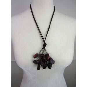 Purple Burgundy Faux Leather Glass‎ Bead Necklace 29" Boho Cottage Whimsigoth